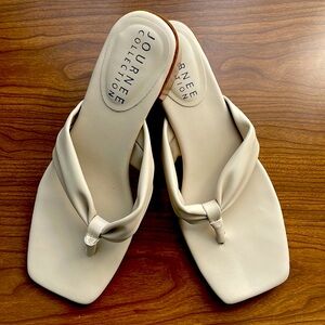 Journee Collection Women’s Leather Slip-On Block Heel Sandal in Beige/Tan